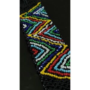 Vintage Hand Beaded Geometric Seed Bead Cuff Bracelet Multicolor 7.5in